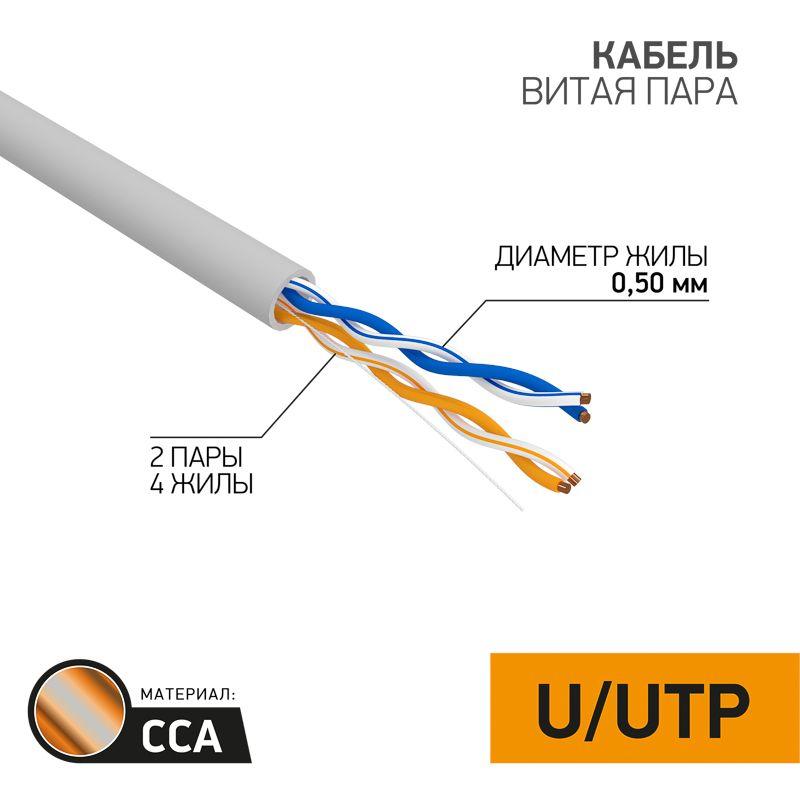 01-0022-3_1.jpeg Кабель витая пара U/UTP кат.5E 2х2х24AWG solid CCA PVC сер. (м) PROCONNECT 01-0022-3 — изображение 1