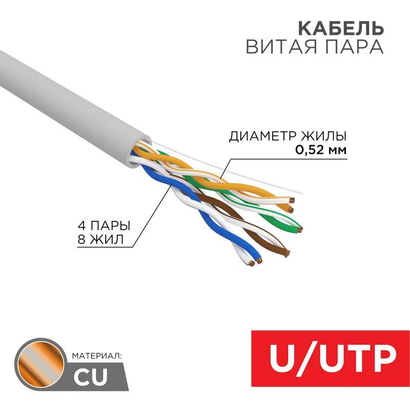 02-0004_1.jpeg Кабель витая пара U/UTP кат.5E 4х2х24AWG LSZH нг(А)-HF INDOOR SOLID сер. (305м) (м) PRO Rexant 02-0004 — изображение 1