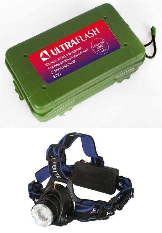 12188_1.jpeg Фонарь аккумуляторный налобный E150 CREE 3Вт фокус 3 режима 220В пластик. черн. (бокс) Ultraflash 12188 — изображение 1