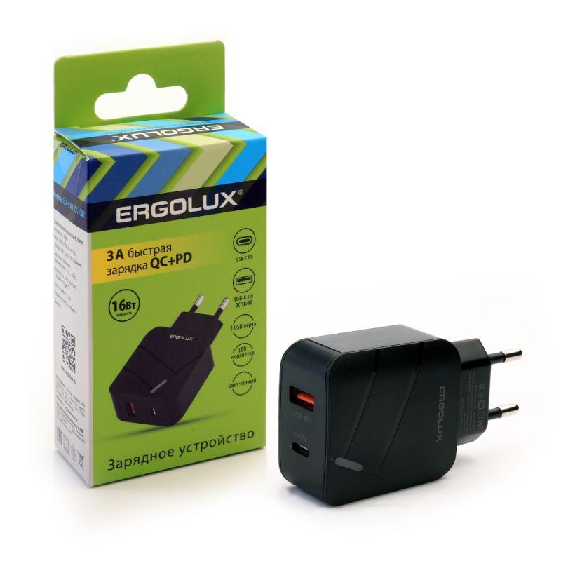 15108_1.jpeg Адаптер сетевой ELX-РA01QC-C02 1USB+1Type C 100-220В 5-9В/3А QC коробка черн. ERGOLUX 15108 — изображение 1