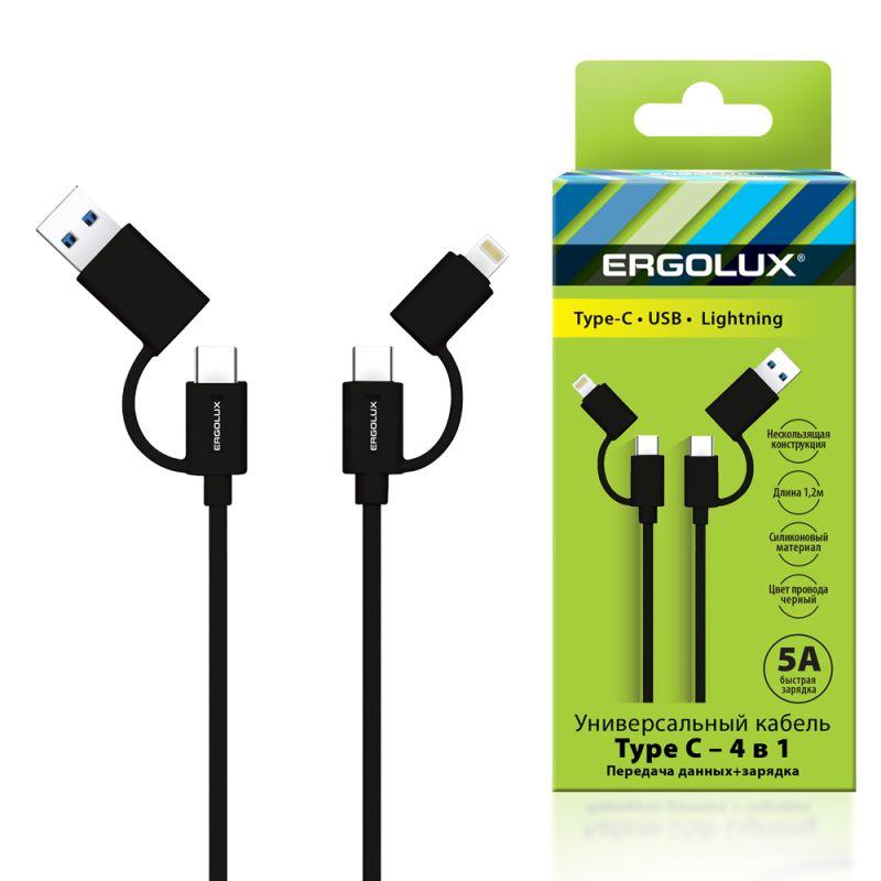 15248_1.jpeg Кабель 4 в 1 USB/Type C-Type C/Lightning 5А 60Вт 1.2м З+ПД коробка черн. Ergolux 15248 — изображение 1
