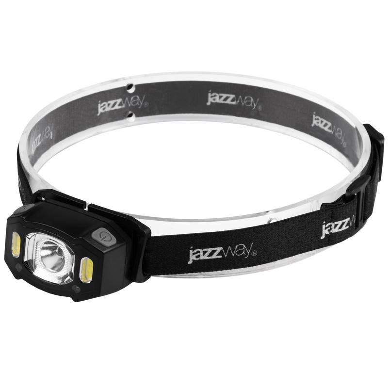 1556477.jpg Фонарь аккумуляторный налобный AccuH3-L5W-bk LED 5Вт + 2хRED SMD IP54 5 режимов: 100проц. 180лм 3.5ч/50проц. 110лм 5.5ч/30проц. 65лм 15ч/красн. 28ч/мигающ. красн. 12ч аккум. управл. жестами черн. JazzWay 5036703 — изображение 1