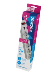 Удлинитель с сетевым фильтром 5х3м с заземл. 10А IP20 2.2кВт 2хUSB 3х0.75 с предохранителем КОСМОС FKsm3m-5g(W)USB — изображение 2