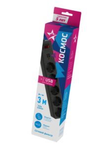 Удлинитель с сетевым фильтром 5х3м с заземл. 10А IP20 2.2кВт 2хUSB 3х0.75 с предохранителем КОСМОС FKsm3m-5g(B)USB — изображение 2
