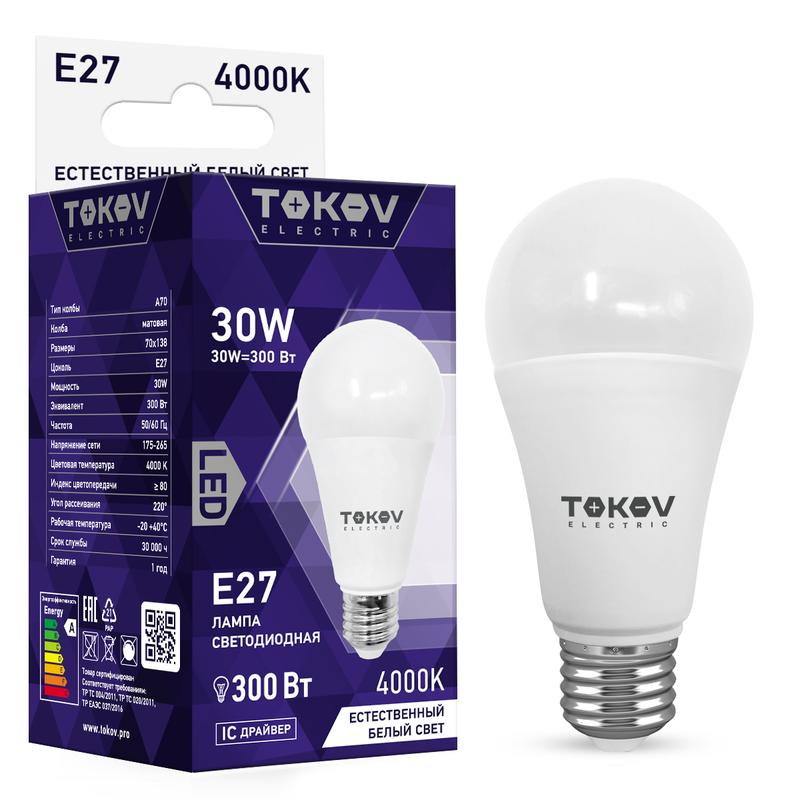 1660380.jpg Лампа светодиодная 30Вт А70 4000К Е27 176-264В TOKOV ELECTRIC TKE-A70-E27-30-4K — изображение 1