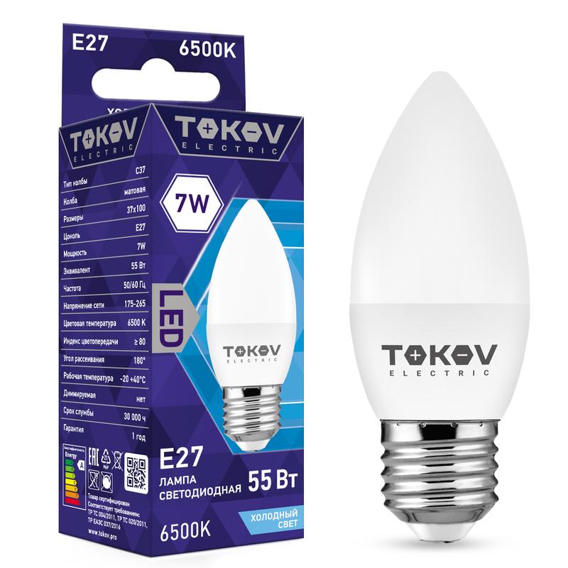 1660404.jpg Лампа светодиодная 7Вт С37 6500К Е27 176-264В TOKOV ELECTRIC TKE-C37-E27-7-6.5K — изображение 1