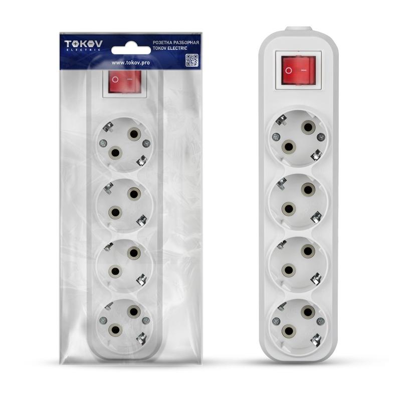 1685666.jpg Колодка удлинителя 4-м 16А с заземл. с выкл. АБС-пластик бел. TOKOV ELECTRIC TKE-C01-KU4-ZV — изображение 1