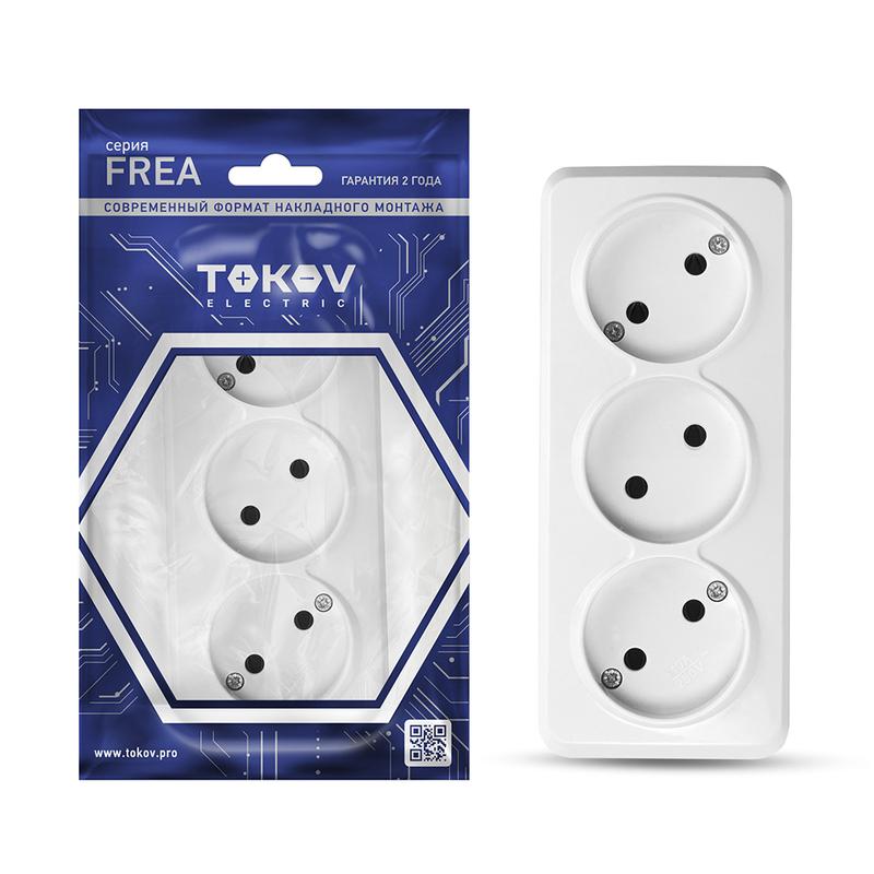 1685677.jpg Розетка 3-м ОП Frea 16А IP20 250В без заземл. АБС-пластик бел. TOKOV ELECTRIC TKE-FR-R3-C01 — изображение 1