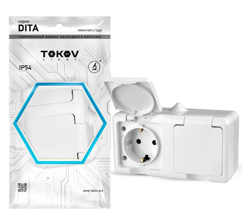 1710645.jpg Розетка 2-м ОП Dita 16А IP54 250В с заземл. с крышкой бел. TOKOV ELECTRIC TKL-DT-R2Z-C01-IP54 — изображение 1