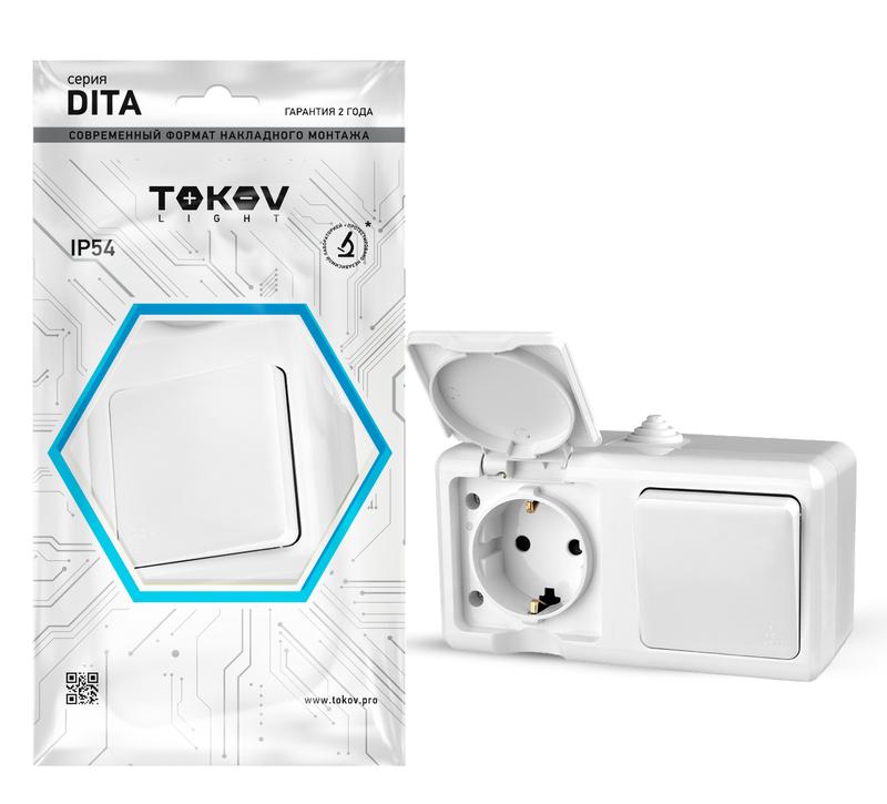 1710652.jpg Блок ОП Dita (розетка 16А 250В с заземл. + 1-кл. выкл. 10А) IP54 бел. TOKOV ELECTRIC TKL-DT-V1RZ-C01-IP54 — изображение 1