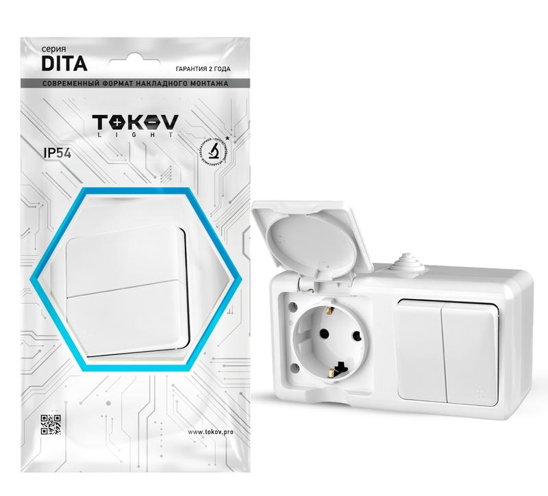1710653.jpg Блок ОП Dita (розетка 16А 250В с заземл. + 2-кл. выкл. 10А) IP54 бел. TOKOV ELECTRIC TKL-DT-V2RZ-C01-IP54 — изображение 1