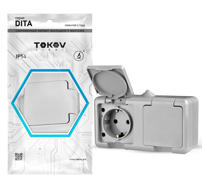 1710658.jpg Розетка 2-м ОП Dita 16А IP54 250В с заземл. с крышкой сер. TOKOV ELECTRIC TKL-DT-R2Z-C06-IP54 — изображение 1
