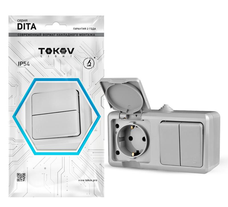 1710666.jpg Блок ОП Dita (розетка 16А 250В с заземл. + 2-кл. выкл. 10А) IP54 сер. TOKOV ELECTRIC TKL-DT-V2RZ-C06-IP54 — изображение 1