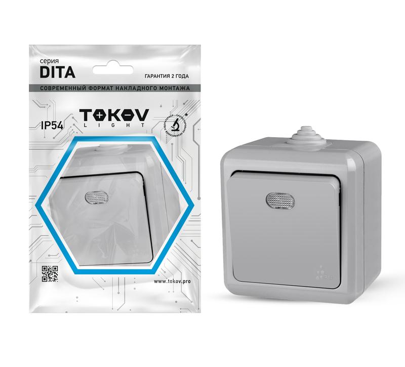 1710667.jpg Выключатель 1-кл. ОП Dita IP54 10А 250В с индикацией сер. TOKOV ELECTRIC TKL-DT-V1I-C06-IP54 — изображение 1