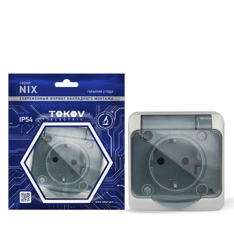1712876.jpg Розетка 1-м ОП Nix 16А IP54 250В с заземл. с прозр. крышкой сер. TOKOV ELECTRIC TKE-NX-R1Z-C06T-IP54 — изображение 1