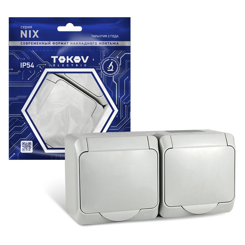 1712877.jpg Розетка 2-м ОП Nix 16А IP54 250В с заземл. с крышкой сер. TOKOV ELECTRIC TKE-NX-R2Z-C06-IP54 — изображение 1