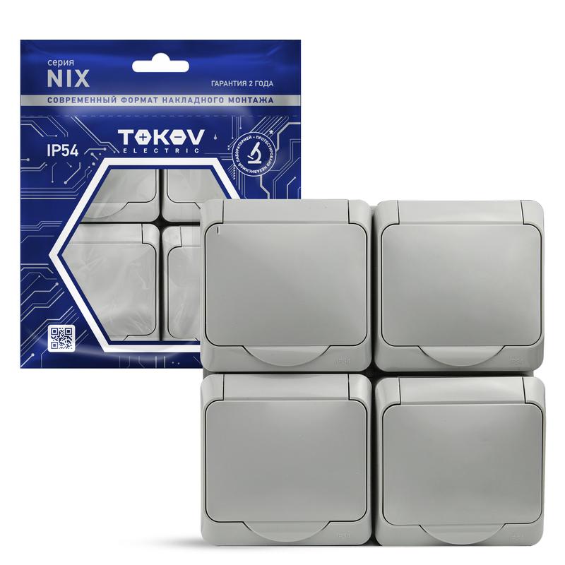 1712881.jpg Розетка 4-м ОП Nix 16А IP54 250В с заземл. с крышкой сер. TOKOV ELECTRIC TKE-NX-R4Z-C06-IP54 — изображение 1