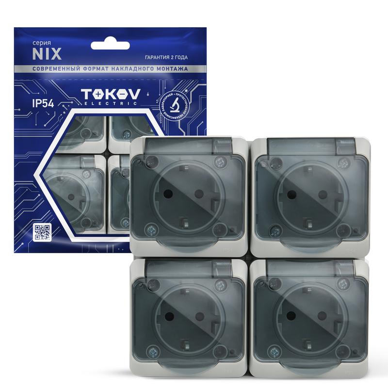 1712882.jpg Розетка 4-м ОП Nix 16А IP54 250В с заземл. с прозр. крышкой сер. TOKOV ELECTRIC TKE-NX-R4Z-C06T-IP54 — изображение 1