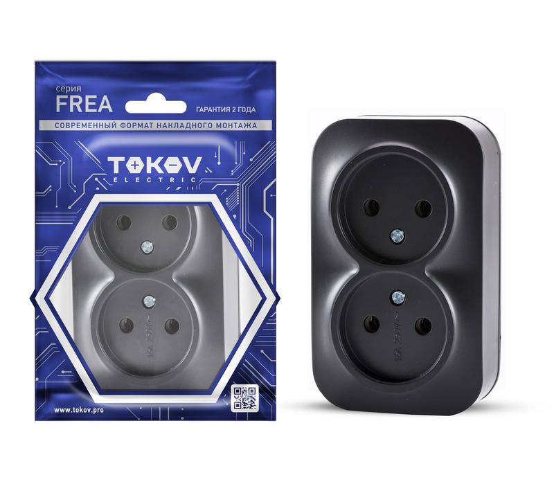 1792426.jpg Розетка 2-м ОП Frea 16А IP20 250В без заземл. АБС-пластик карбон TOKOV ELECTRIC TKE-FR-R2-C14 — изображение 1