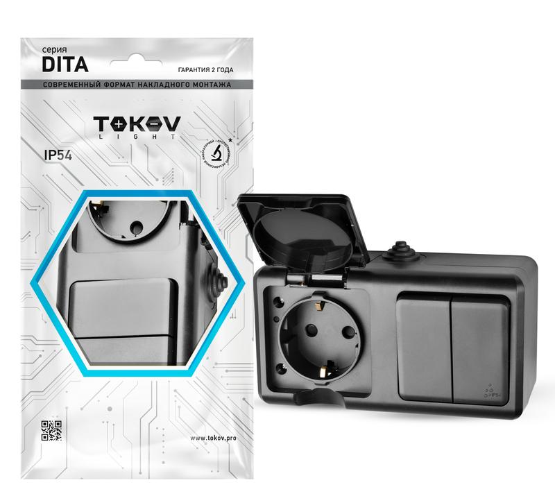 1792447.jpg Блок ОП Dita (розетка 16А 250В с заземл. + 2-кл. выкл. 10А) IP54 карбон TOKOV ELECTRIC TKL-DT-V2RZ-C14-IP54 — изображение 1