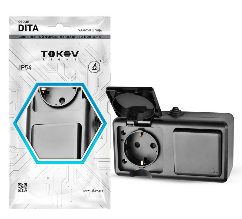 1792448.jpg Блок ОП Dita (розетка 16А 250В с заземл. + 1-кл. выкл. 10А) IP54 карбон TOKOV ELECTRIC TKL-DT-V1RZ-C14-IP54 — изображение 1