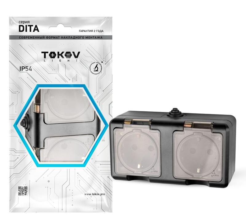 1792455.jpg Розетка 2-м ОП Dita 16А IP54 250В с заземл. с прозр. крышкой карбонTOKOV ELECTRIC TKL-DT-R2Z-C14T-IP54 — изображение 1