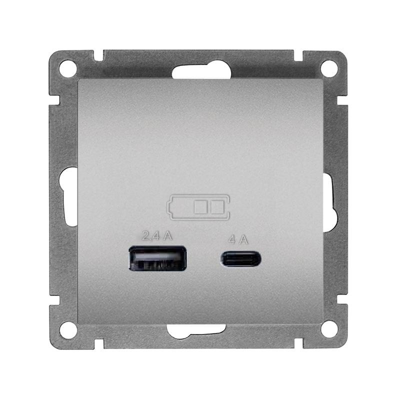 1808191.jpg Розетка 2-м USB СП Афина тип А+С 5В 1х2.4А 2х4А механизм серебро Universal А0059-S — изображение 1