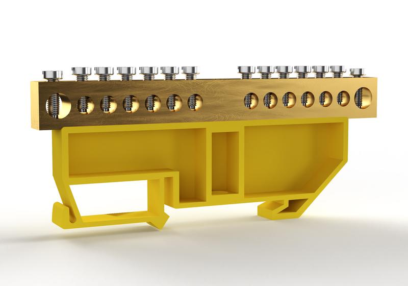 1855434.jpg Шина PE "земля" на DIN-изоляторе 8х12мм 14 отвер. латунь TOKOV ELECTRIC TKE-BCB-812-14-DIN/PE — изображение 1