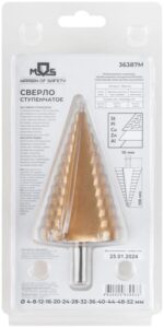 Сверло ступенчатое HSS по металлу 13 ступеней 4-8-12-16-20-24-28-32-36-40-44-48-52мм MOS 36387М — изображение 4