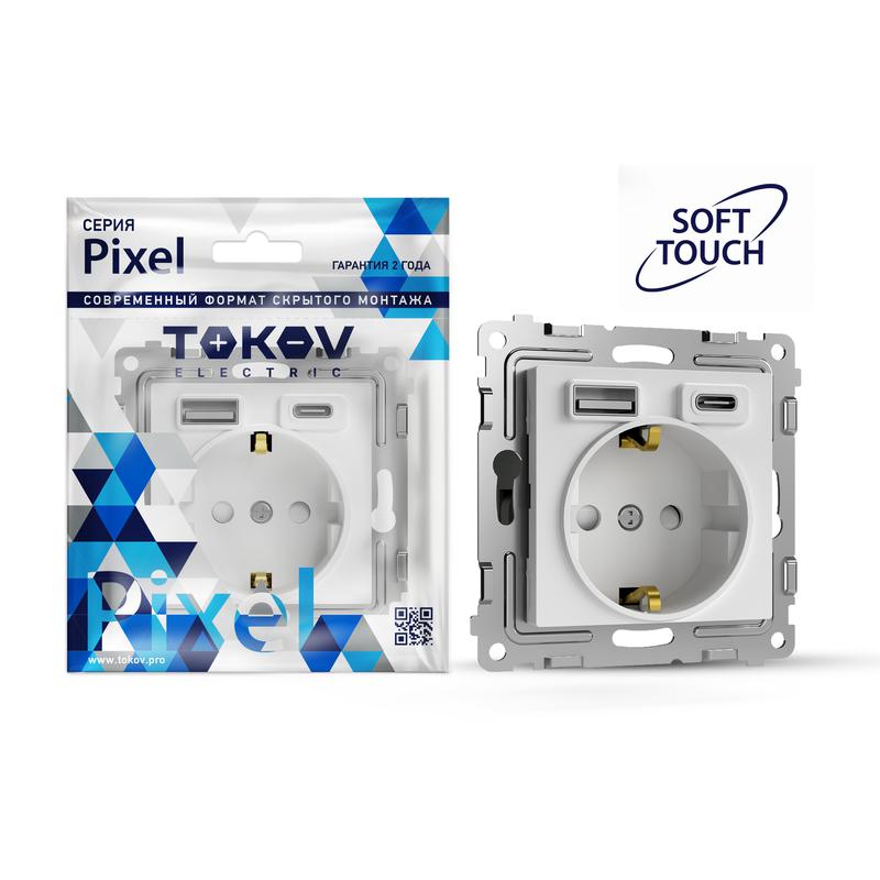 1993762.jpg Розетка 1-м СП Pixel IP20 с заземл. с 2-мя заряд. устр. USB тип A+C механизм айс TOKOV ELECTRIC TKE-PX-R1U2AC-C34 — изображение 1