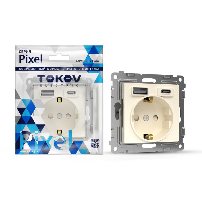 1993764.jpg Розетка 1-м СП Pixel IP20 с заземл. с 2-мя заряд. устр. USB тип A+C механизм беж. TOKOV ELECTRIC TKE-PX-R1U2AC-C02 — изображение 1