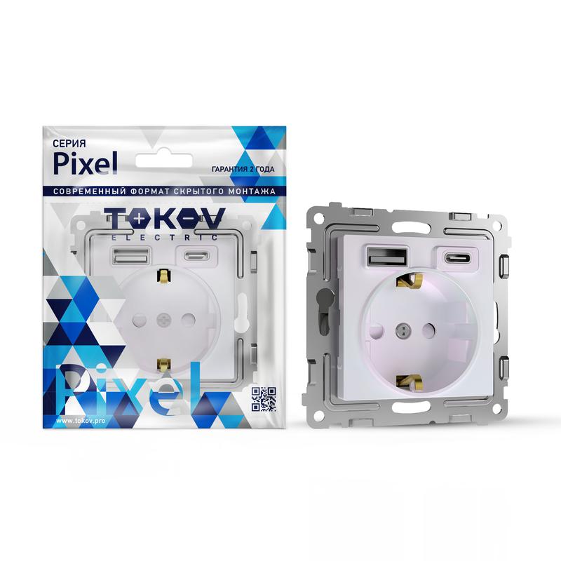 1993767.jpg Розетка 1-м СП Pixel IP20 с заземл. с 2-мя заряд. устр. USB тип A+C механизм перламутр. TOKOV ELECTRIC TKE-PX-R1U2AC-C04 — изображение 1