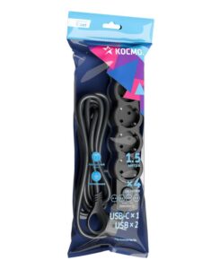 Удлинитель 3х1.5м с заземл. 10А IP20 USB 2500Вт 220В ПВС 3х1 с выкл. черн. КОСМОС YKsm1.5m4g-Z-VU10А-B — изображение 6