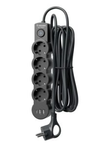 Удлинитель 3х1.5м с заземл. 10А IP20 USB 2500Вт 220В ПВС 3х1 с выкл. черн. КОСМОС YKsm1.5m4g-Z-VU10А-B — изображение 2