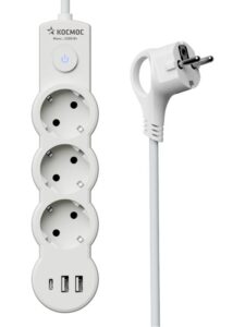 Удлинитель 3х5м с заземл. 10А IP20 USB 2800Вт 220В ПВС 3х1 с выкл. бел. КОСМОС YKsm5m3g-Z-VU10А-W — изображение 4