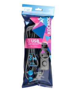 Удлинитель 3х3м с заземл. 10А IP20 USB 2800Вт 220В ПВС 3х1 с выкл. черн. КОСМОС YKsm3m3g-Z-VU10А-B — изображение 6