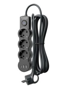 Удлинитель 3х3м с заземл. 10А IP20 USB 2800Вт 220В ПВС 3х1 с выкл. черн. КОСМОС YKsm3m3g-Z-VU10А-B — изображение 2