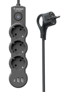 Удлинитель 3х3м с заземл. 10А IP20 USB 2800Вт 220В ПВС 3х1 с выкл. черн. КОСМОС YKsm3m3g-Z-VU10А-B — изображение 4