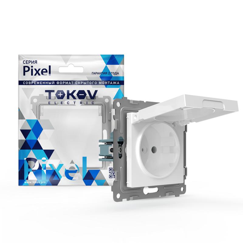 2039519.jpg Розетка 1-м СП Pixel IP44 с заземл. с крышкой механизм бел. TOKOV ELECTRIC TKE-PX-R1ZSW1-C01-IP44 — изображение 1