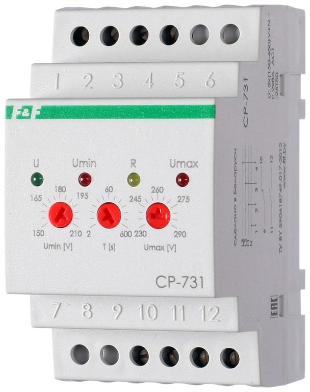 320284.jpg Реле напряжения CP-731 (трехфазный; микропроцессорный; контроль верхнего и нижнего значений напряжения; контроль асимметрии; чередования фаз; монтаж на DIN-рейке 35мм 3х400/230+N 2х8А 1Z 1R IP20) F&F EA04.009.005 — изображение 1