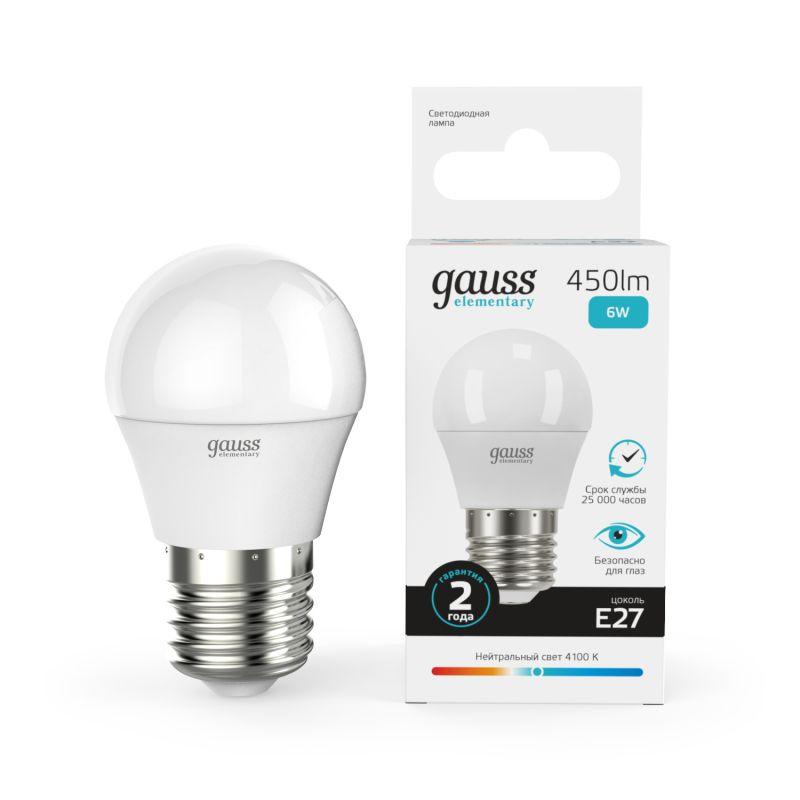 53226_1.jpeg Лампа светодиодная Elementary 6Вт P45 шар 4100К нейтр. бел. E27 450лм GAUSS 53226 — изображение 1