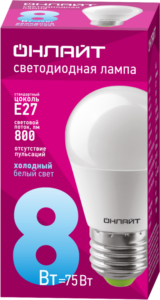 Лампа светодиодная 61 137 OLL-G45-8-230-6.5K-E27 8Вт шар 6500К холод. бел. E27 800лм 176-264В ОНЛАЙТ 61137 — изображение 2