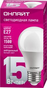 Лампа светодиодная 61 150 OLL-A60-15-230-4K-E27 15Вт грушевидная 4000К нейтр. бел. E27 1500лм 176-264В ОНЛАЙТ 61150 — изображение 2