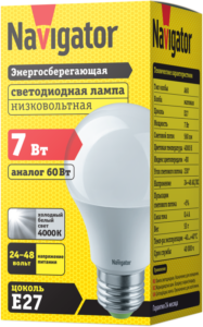 Лампа светодиодная 61 474 NLL-A60-7-24/48-4K-E27 7Вт грушевидная матовая 4000К нейтр. бел. E27 560лм 24-48В низковольтная Navigator 61474 — изображение 3
