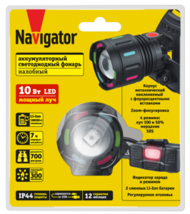 Фонарь аккумуляторный налобный 95 560 NPT-H44-ACCU 1LEDx10Вт 4реж Li-ion 2x1.2А.ч NAVIGATOR 95560 — изображение 2