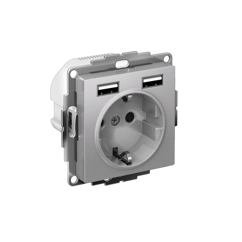 ATN000330_2.png Розетка 1-м СП AtlasDesign 16А IP20 с 2-мя заряд. устройствами USB тип A+A 5В/2.4А 2х5В/1.2А механизм алюм. SE ATN000330 — изображение 1