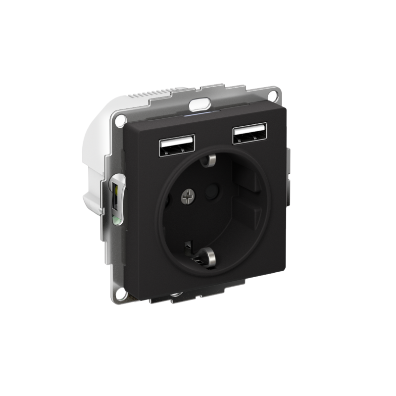 ATN001030_2.png Розетка 1-м СП AtlasDesign 16А IP20 с 2-мя заряд. устройствами USB тип A+A 5В/2.4А 2х5В/1.2А механизм карбон SE ATN001030 — изображение 1