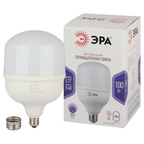 B0032090_1-1.jpeg Лампа светодиодная высокомощная STD LED POWER T160-100W-6500-E27/E40 100Вт T160 колокол 6500К нейтр. бел. E27/E40 (переходник в компл.) 8000лм Эра Б0032090 — изображение 1