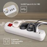 Удлинитель 3х1.5м с заземл. +3xUSBA 10А с выкл. U-3es-1.5m-USB Эра Б0052900 — изображение 2