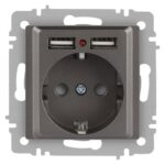 Розетка 1-м СП Accent 6-410-09 16А IP20 250В P+E Schuko + 2хUSB защ. шторки титан Intro Б0063711